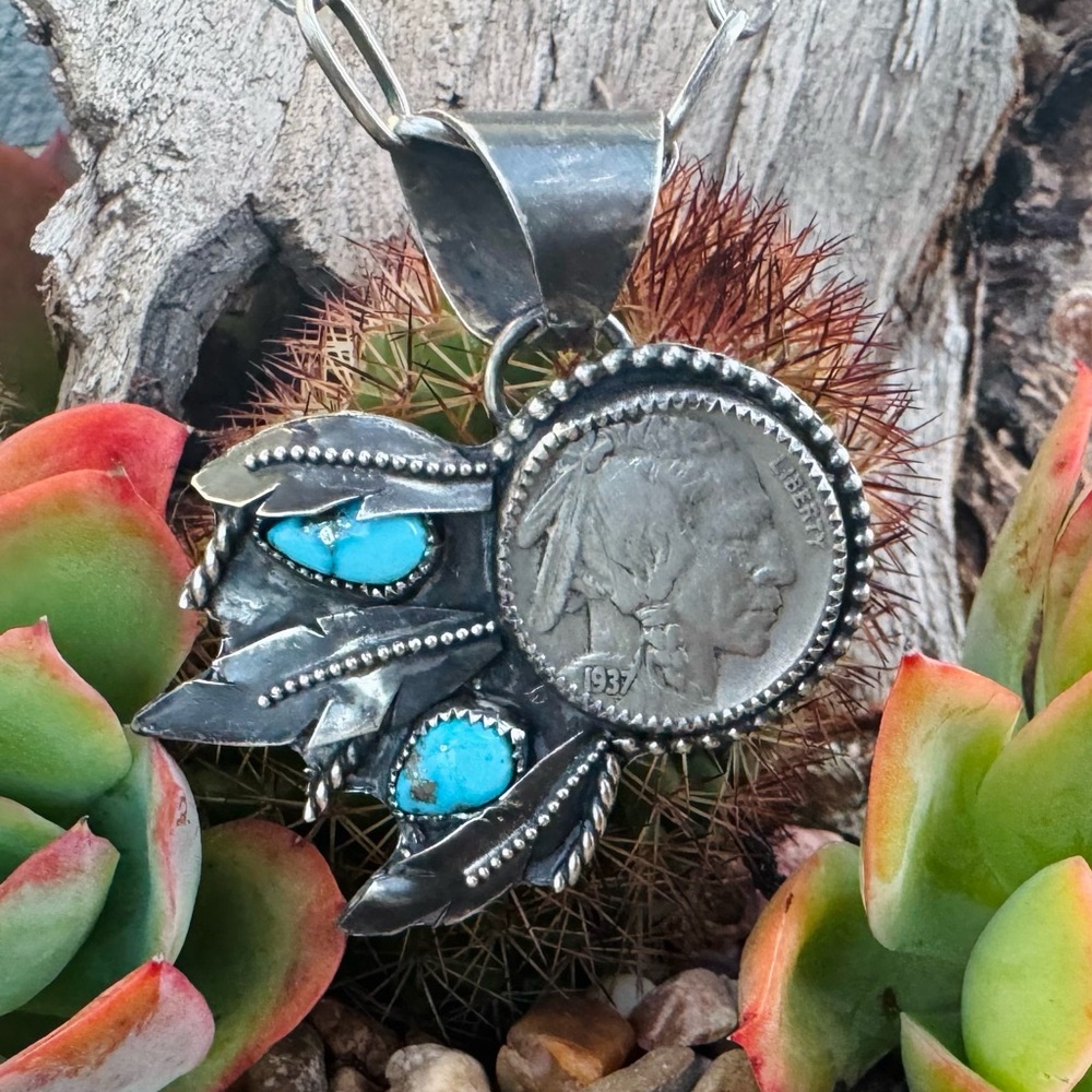 Silver and Turquoise Coin Pendant Necklace